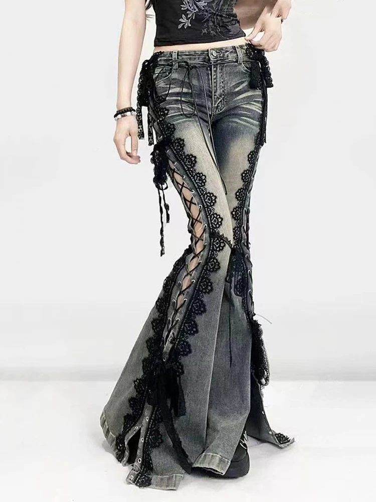 Gothic Side Fork Jeans Women Y2K American Streetwear Sexy Lace Up Denim Pants Fashion High Waist Lace Patchwork Flared Trousers