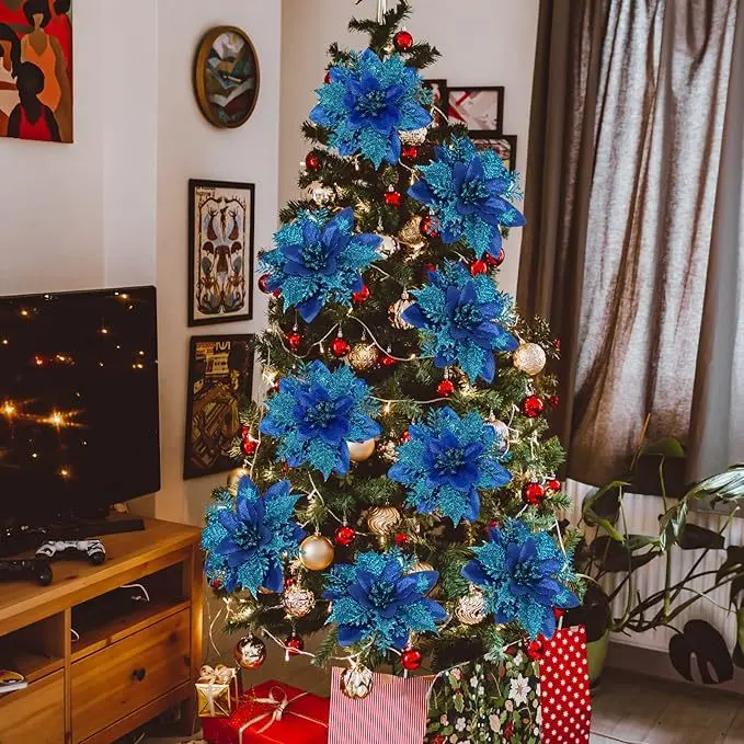 

Blue Glitter Christmas Flower 2024 Xmas Tree Artifical Flower Ornaments Merry Christmas DIY Decoration Home Happy New Year Party