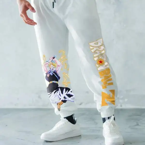 Celana Katun Pola Goku Putih Unisex Celana Panjang Anime dengan Manset di Pergelangan Kaki Gaya Harem Ukuran Ekstra Besar Celana Jogger Kaki Lebar Pakaian Kasual