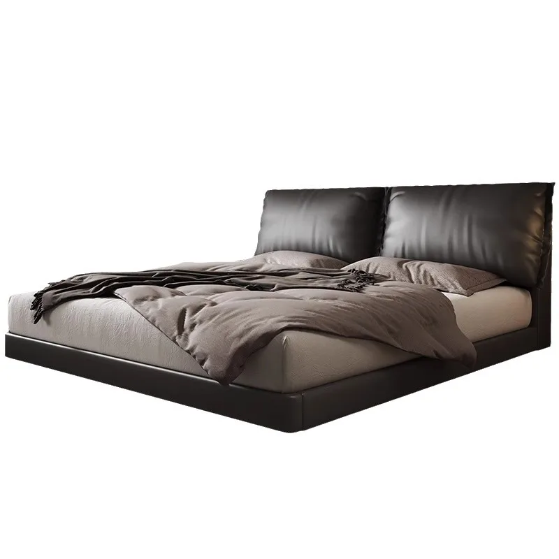 

Italian minimalist suspension, leather bed, master bedroom leather high-end , light luxury soft bag