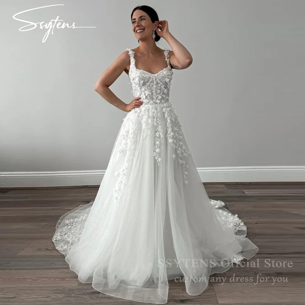 

SSYTENS Luxury Civil Spaghetti Straps Tulle Wedding Dresses Photo Shoot Sleeveless Lace Flower Bridal Gowns Long Sweep Zip Back