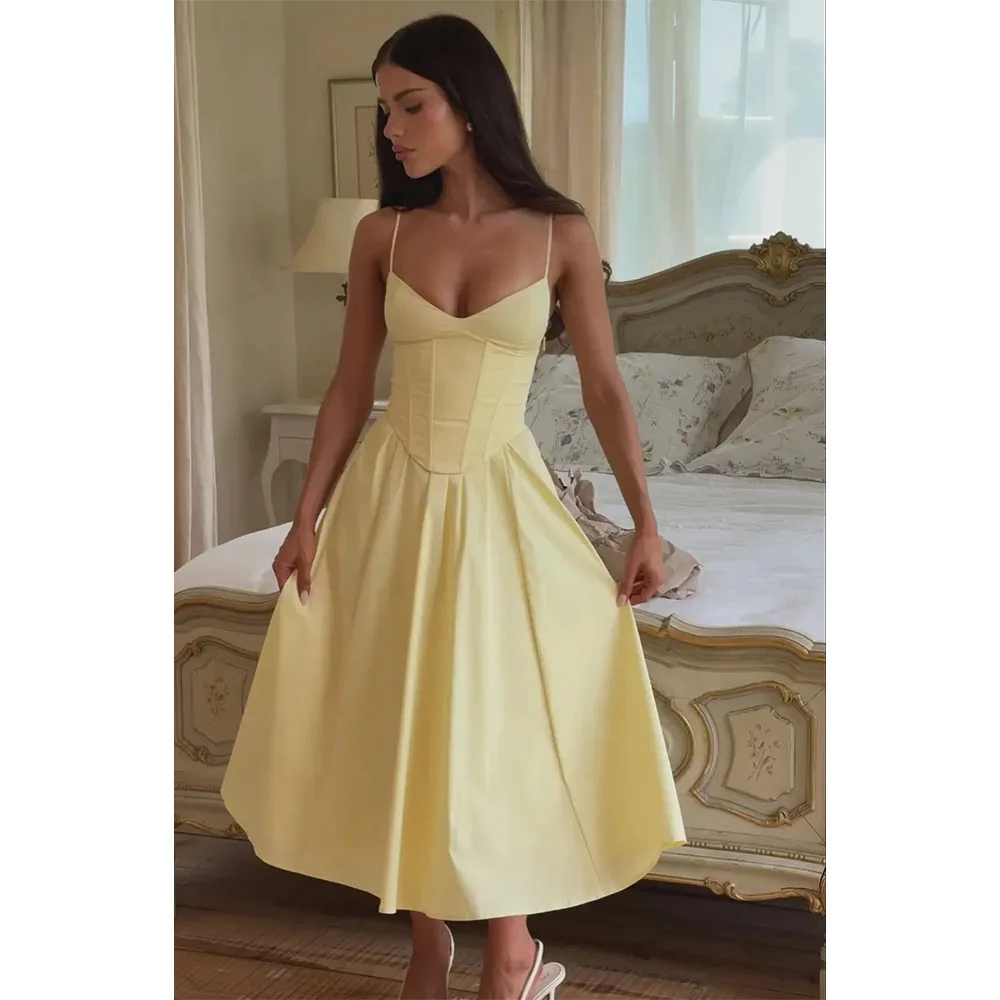 

Yellow Satin Prom Dresses 2025 V-Neck Simple A Line Cocktail Gowns Backless Tea Length Pleats Wedding Party Dress Customized