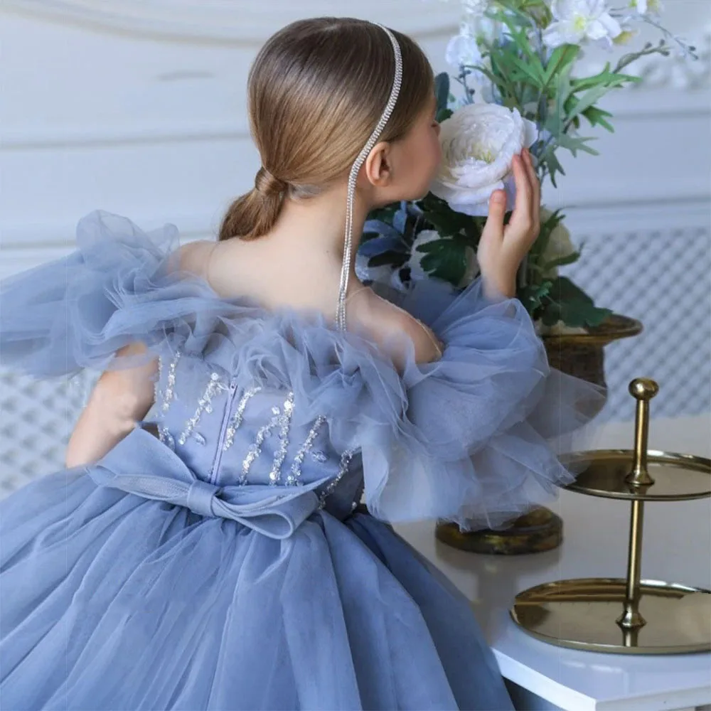 

Blue Flower Girl Dresses for Wedding With Bow Sequins Tulle Knee Length Ball Gown Floor Length Baby Girl Birthday Ball Gowns