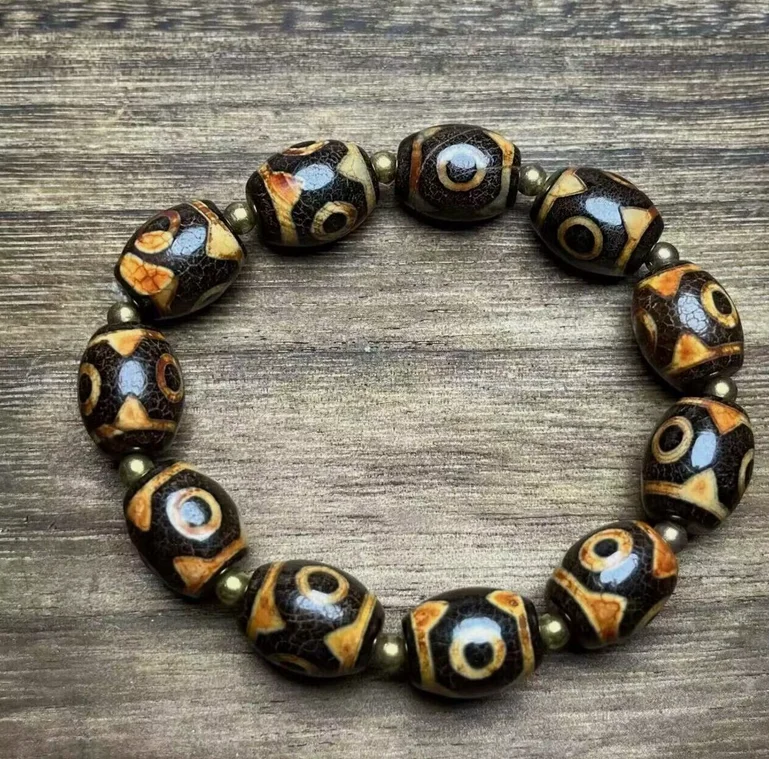 Tibetan Dragon Vein Old Agate Dzi * 3 eyes * Beads Bracelet M3186