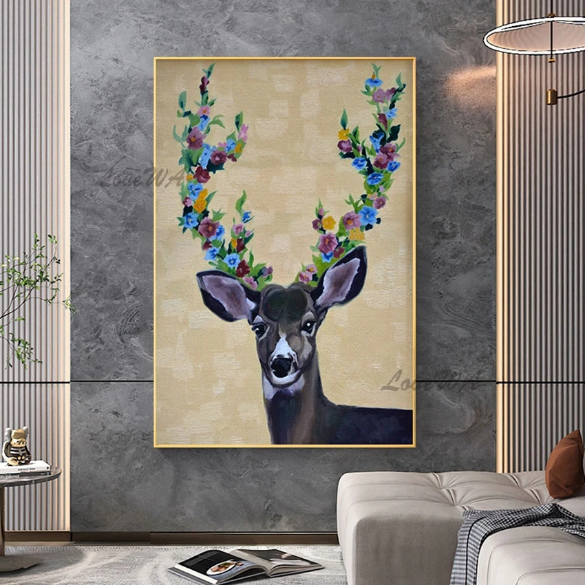 Deer Abstract Art Paintings Frameless Acrylic Floral Texture Hand Drawing Canvas Decoration Picture Modern Animal Design Wall