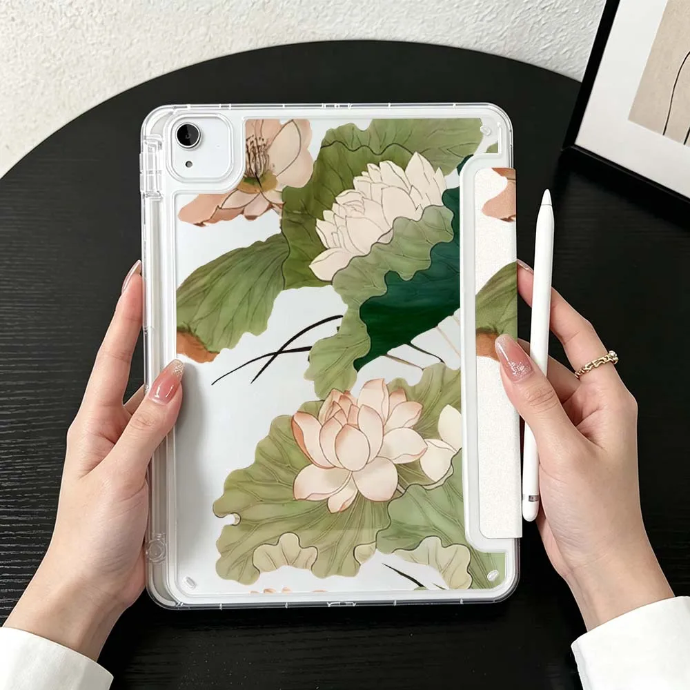 Cartoon Lotus Art Case For iPad Mini Pro Air 5 6 7 8 9 10th 11th 11 9.7 10.9 13 inch Transparent Y-Shaped Folding Tablet