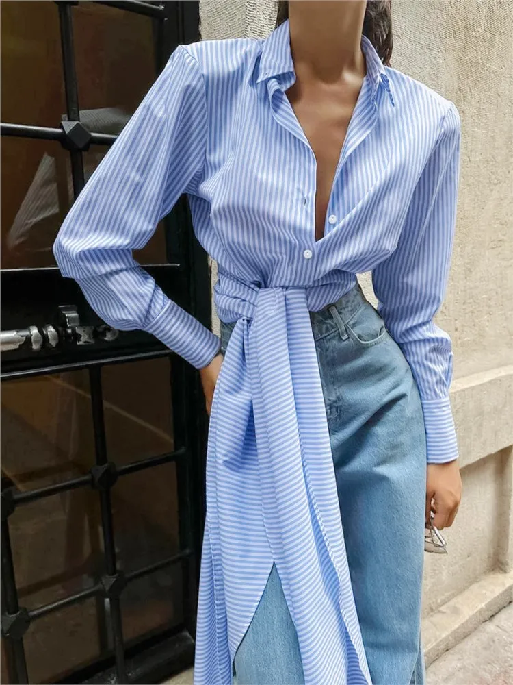 

Classic Buttons Striped Women Shirt 2025 Spring Fashion Thin Long Sleeve Lapel Casual Office Shirt Female Drawstring Lace-Up Top
