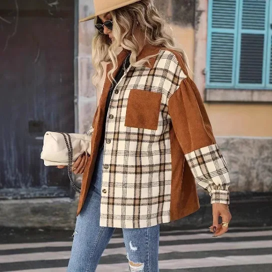 

plus Size Spring 2025 Vintage Plaid Shirt Jacket Long Sleeve Turn-down Collar Women's Shirt Casual Loose Polyester Fiber