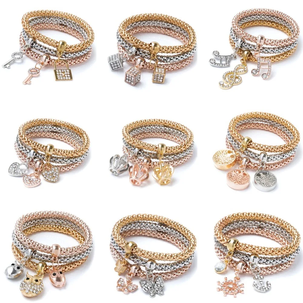 3pcs Set Micro-inlay Zircon Butterfly Heart-shaped Anchor Pendant Three-color Popcorn Chain Bracelet for Men Women Jewelry Sets