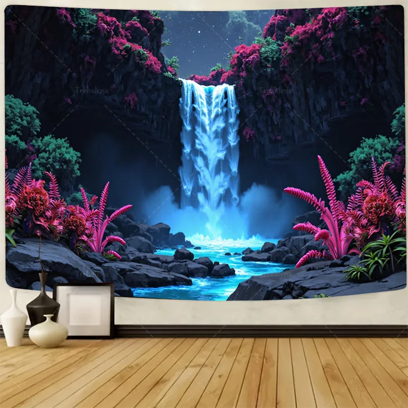 قطعة واحدة من نسيج الحائط "نسيج الشلال المسحور - مشهد الزهور النابضة بالحياة والسماء الليلية" #1