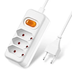 European EU 2 Prong Power Socket with 2M Extension Cable, Euro Power Strip Flat Plug Outlet with Switch for Computer TV PC