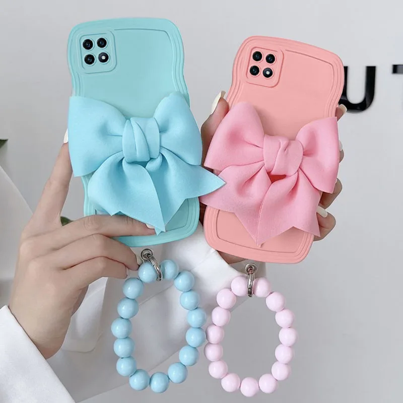 Bow Tie Ring Chain Liquid Silicone Waves Phone Case For Samsung Galaxy S24 S23 S22 S21 S20 FE Ultra Plus 5G A06 A16 Soft Cover