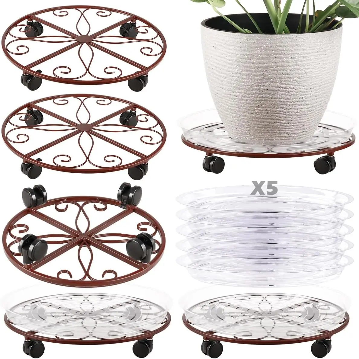 

5 Packs 16" Plant Caddy with Wheels, Heavy Duty Metal Rolling Stand for Indoor and Outdoor Plants