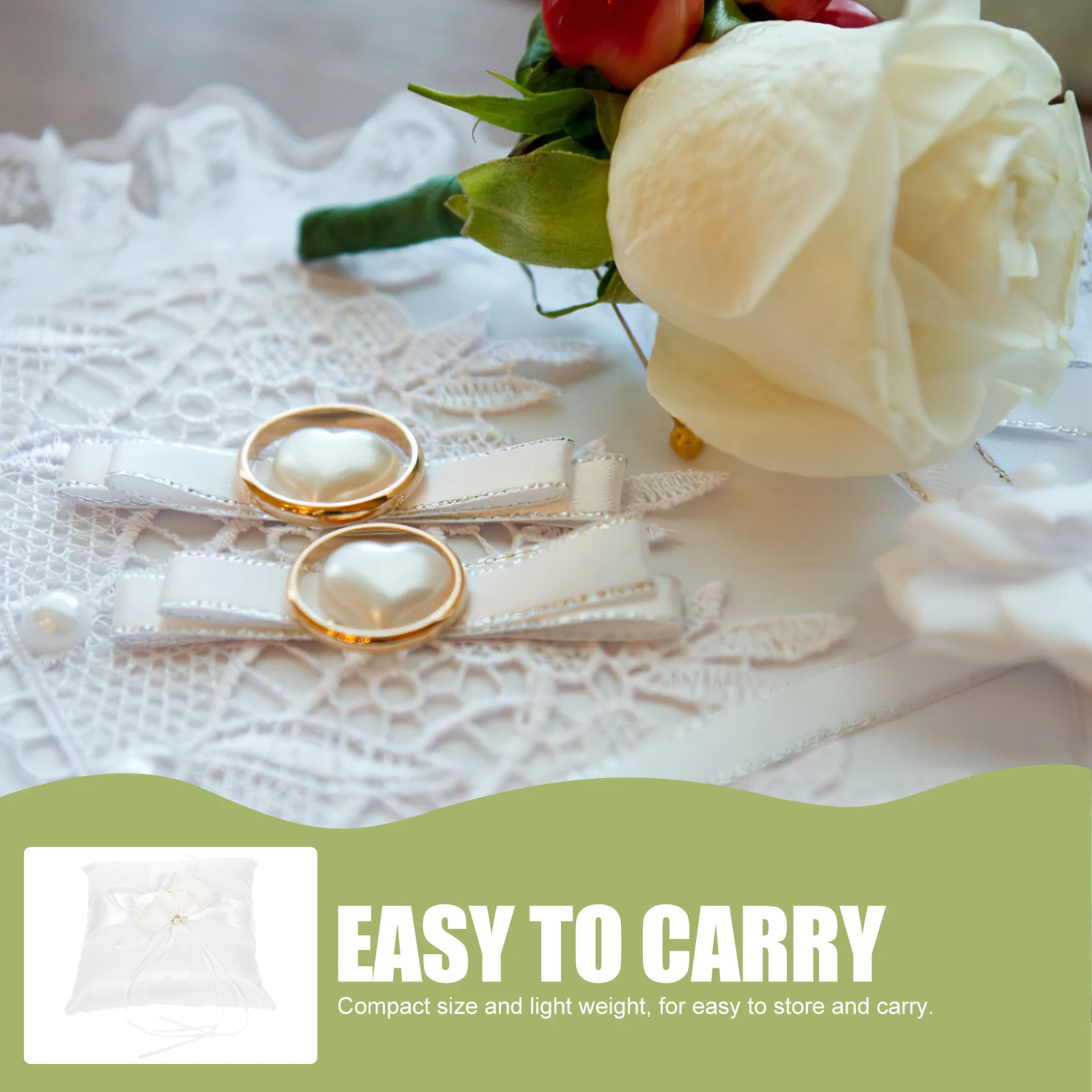 

White 20X20Cm Flower Bud For Wedding Bearer Satin Ribbons Pearls Decor Bridal Accessory Cushion Pocket Size Lightweight Ring