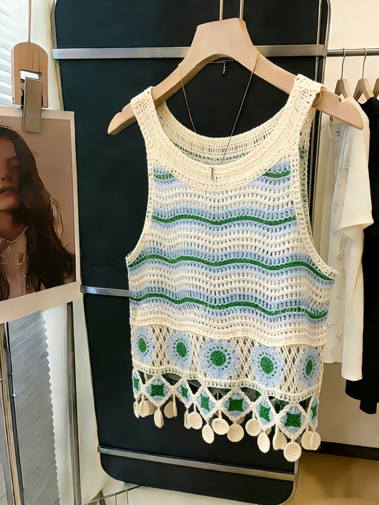 

Summer New Style Women's Knitted Hollow out Stripe Sleeveless Vest Fashionable Outerwear Top Self-Keeping Model National Wind
