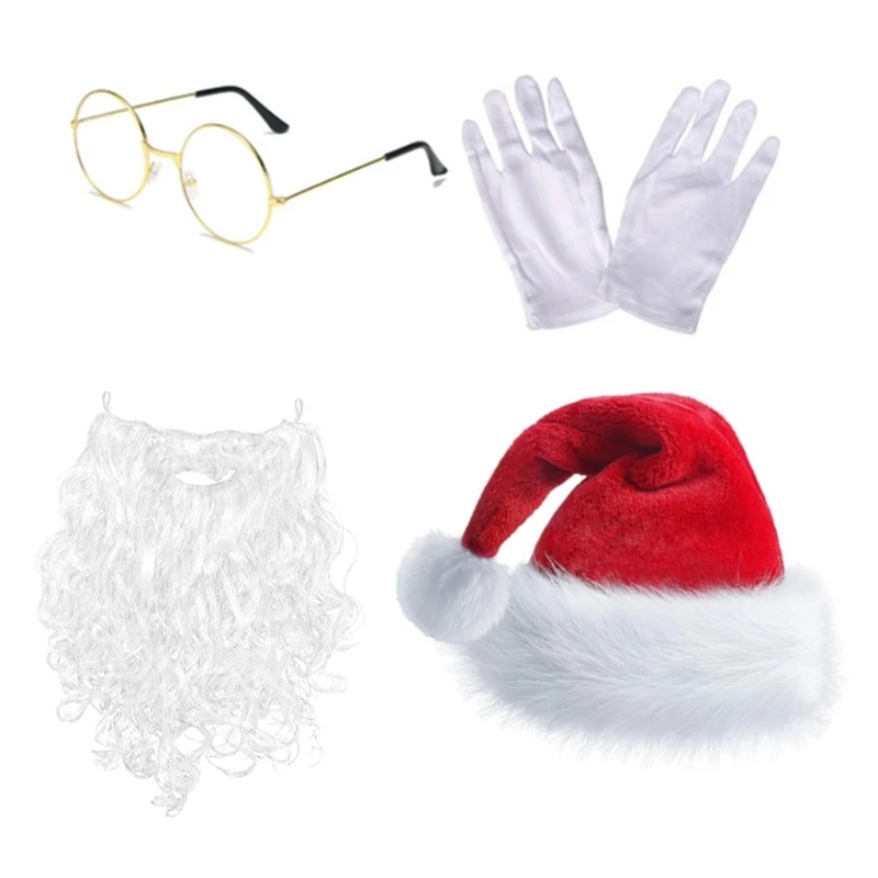 Santa Hat Beard Eyeglasses Beard Gloves Set for Christmas Santa Role Play Bachelorette Party Photo Props