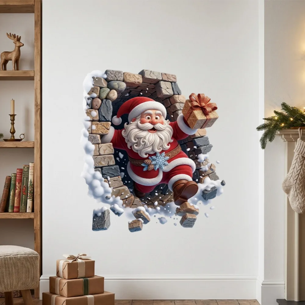 Christmas 3D Break Wall Santa Claus Wall Sticker Self Adhesive Removable 2027 Xmas Decor Bedroom Home Window Navidad Party Decor