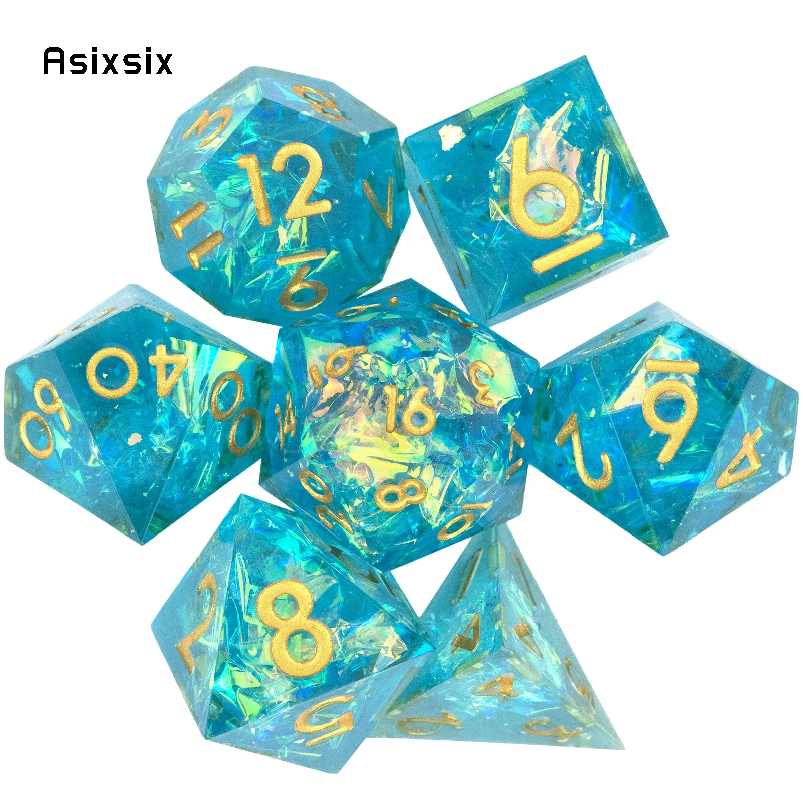 

7 Pcs Blue Golden Number Sharp Edge Resin Dice Polyhedral Dice Suitable for Role-Playing RPG Board Game