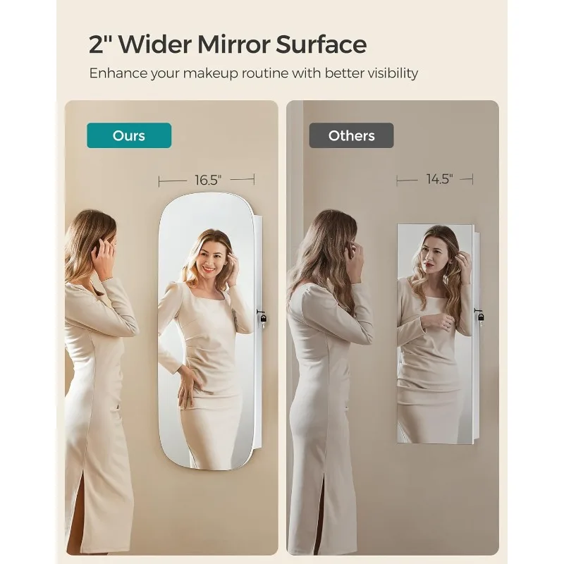 SONGMICS Jewelry Organizer, LED Jewelry Cabinet Wall/Door Mounted, Lockable Rounded Wide Mirror with Storage, Interior Mirror