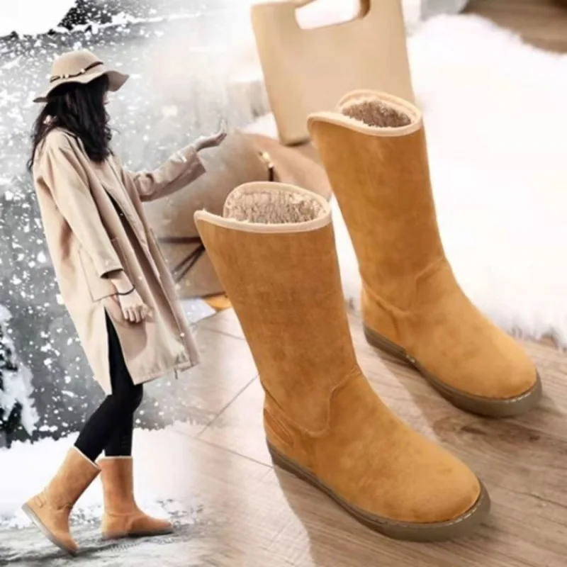 Long Tube Snow Boots for Women Cowhide Plush Thick Anti Slip Women's Boots Fashion Warm Black Cotton Shoes Female