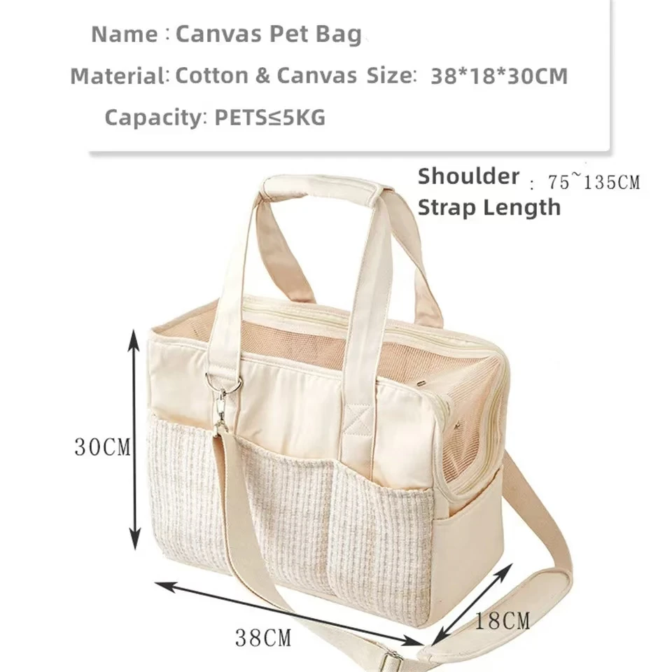 Hanpanda Outing Portable Cotton Canvas Cat Shoulder Bag Dog Bag Lightweight Breathable Mesh Pet Messenger Bag With Pocket&Mat