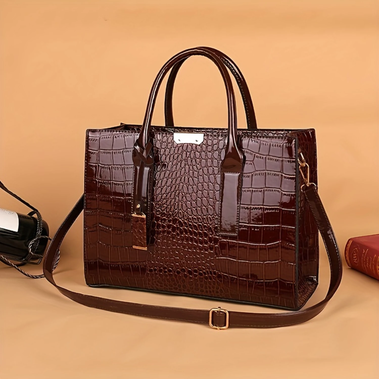 Crocodile Embossed PU Leather Top Handle Purse, Women's Solid Color Shoulder Bag with Chic Design