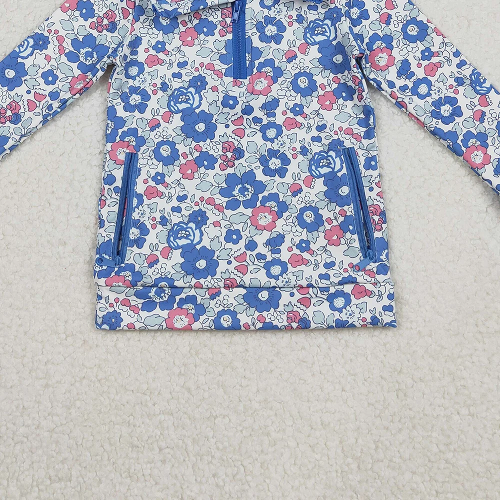 بلوفر بأكمام طويلة مزين بالزهور باللون الأزرق والوردي للفتيات الصغيرات مع جيوب بسحاب ملابس لليوجا النشطة للأطفال