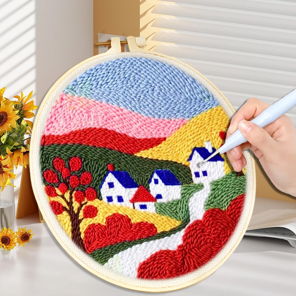 

DIY Punch Needle Kits for Beginners Scenery with Hoop Embroidery Punch Needle Starter Craft Set Cross Stitch Home Painting Decor
