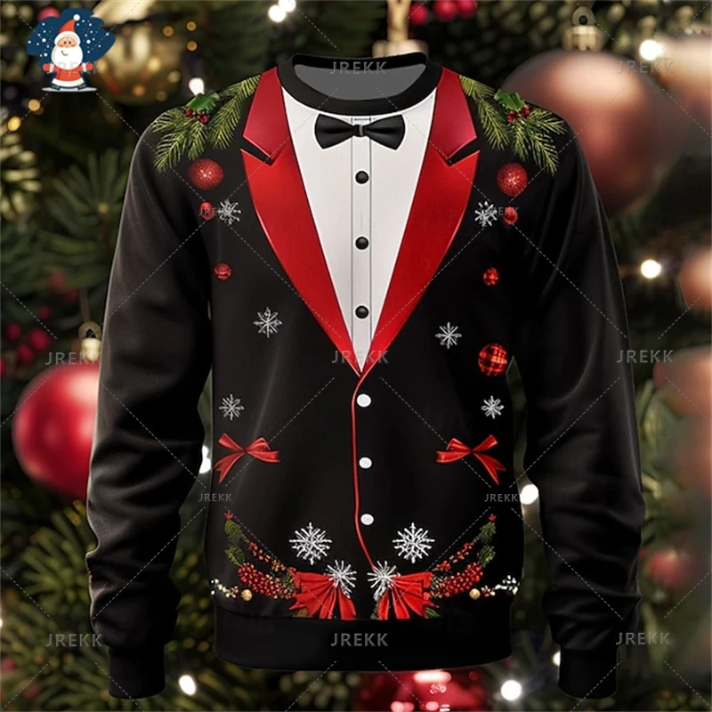 3D Happy Christmas Printed Sweatshirts Suit & Tie Graphic Ugly Christmas Sweater Fashion Streetwear Mens Clothing Unisex Clothes