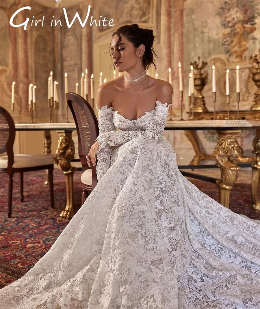 الحبيب ألف خط قبالة الكتف الدانتيل فستان الزفاف 2025 زي العرائس كم طويل عارية الذراعين فساتين زفاف مخصصة لحفل الزفاف