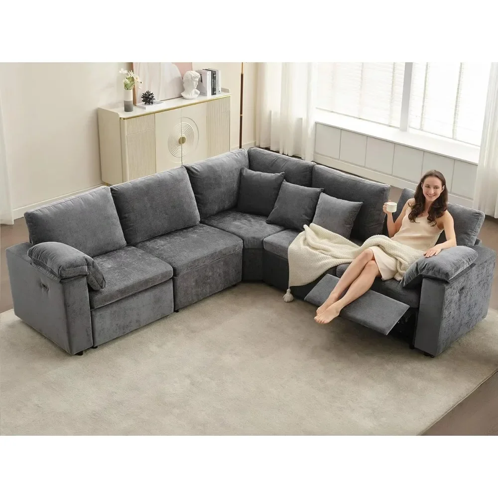 

Power Reclining Sectional Sofa Set, 2 Recliners and Consoles, 5 Seats Modular Sectional Couch with Removable Armrest Pillows