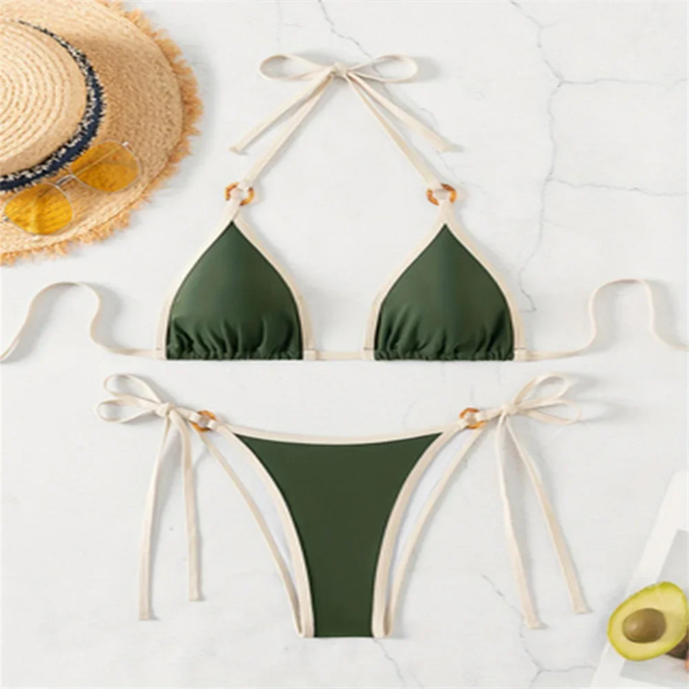 

Micro Green Bikinis Halter String Border Y2K Swimsuit Push Up Backless Biquini Vacation Swimwear Women Beach Outfit Bathing Suit