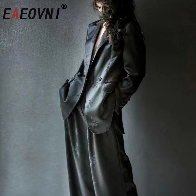 EAEOVNI High End Women Black Two Piece Set Fashion Jacquard Design Button Blazer Coat + Long Pants Temperament 2025 Autumn New