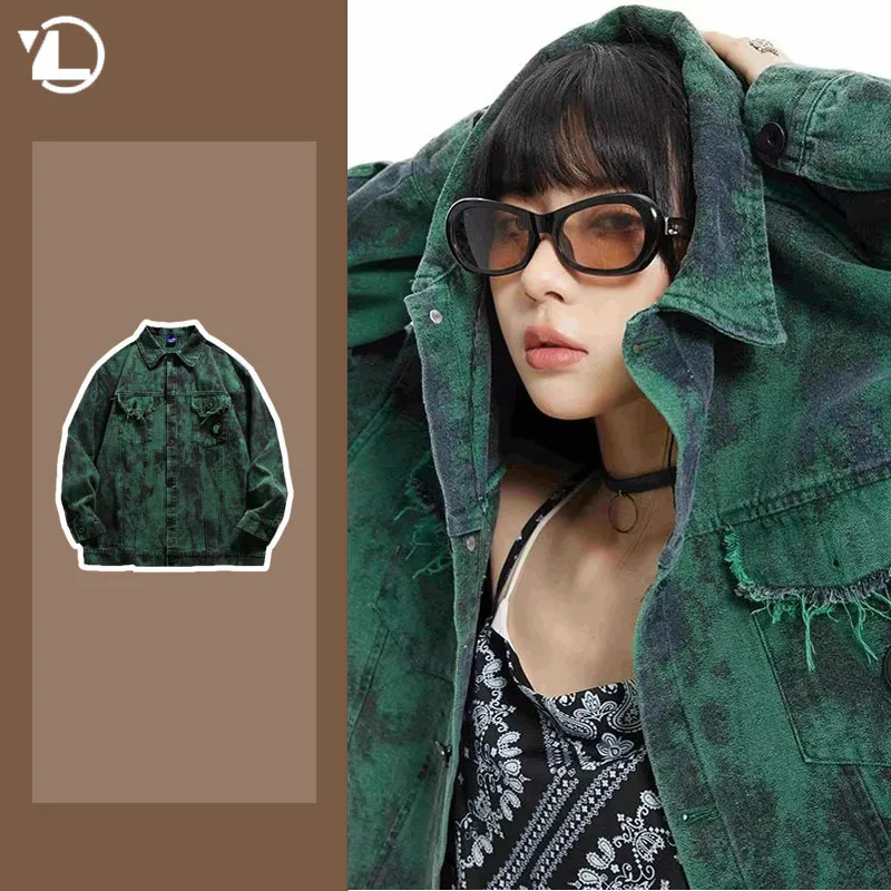 Men Tie-Dye Denim Jacket College Harajuku Casual Green Coat American Hip Hop Trend Lapel Loose Outwear Autumn Unisex Streetwear