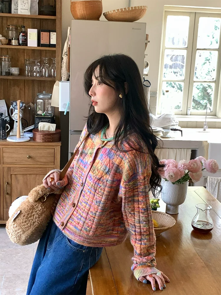 

Spring Autumn Women Loose O-neck Knitwear Vintage Colorful Sweater Coat Cardigan