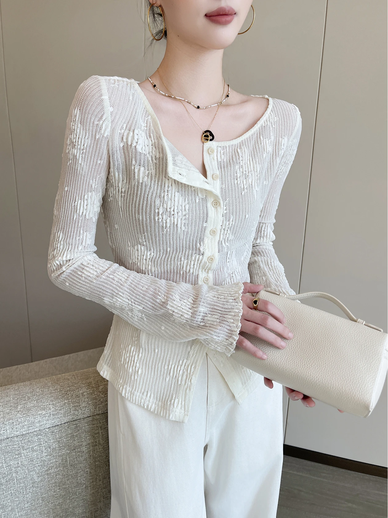 

Женский кружевной кардиган Ele Long Sve с открытыми рукавами, топ-майка, бежевый, весна 2026, новинка, французский стиль, приталенный крой, круглый вырез