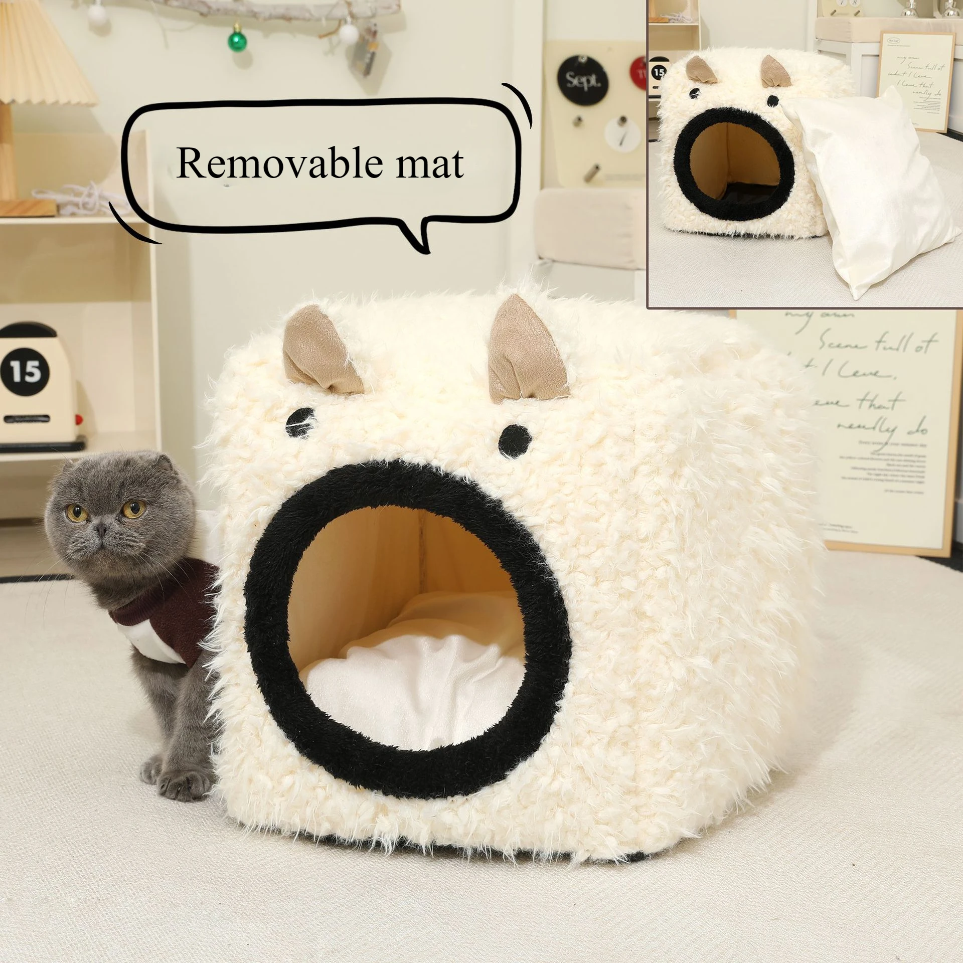 Plush Pet Nest Cat Ears Three-Dimensional Square Nest Removable Cushion Pet Bed Warm Kennel Semi-Closed Cat Nest