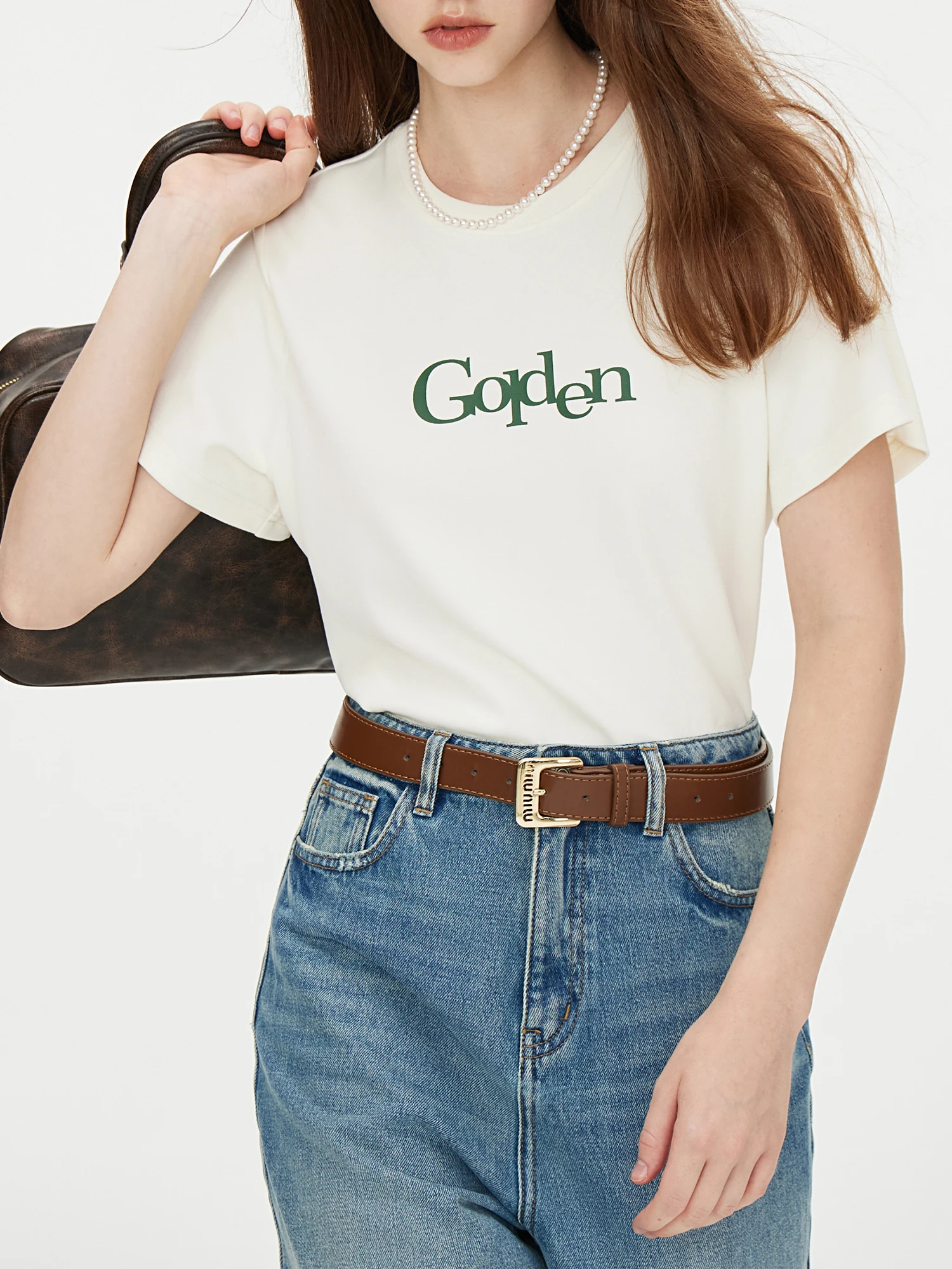 Fsle escritório senhora carta impressa ombro camiseta para mulher 2024 outono coleção em torno do pescoço manga curta topo 24fs13226