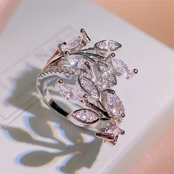Huitan Delicate Leaf Branch Olive Design Women's Ring Silver Plated Fashion Female Rings for Party Daily Wear Statement Jewelry