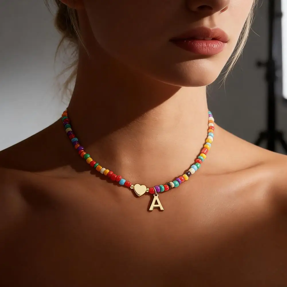 Beaded Choker Necklace Women Colorful Beads Necklace Initial Pendant Necklace Heart Initial Choker Birthday Gift for Girls Wife