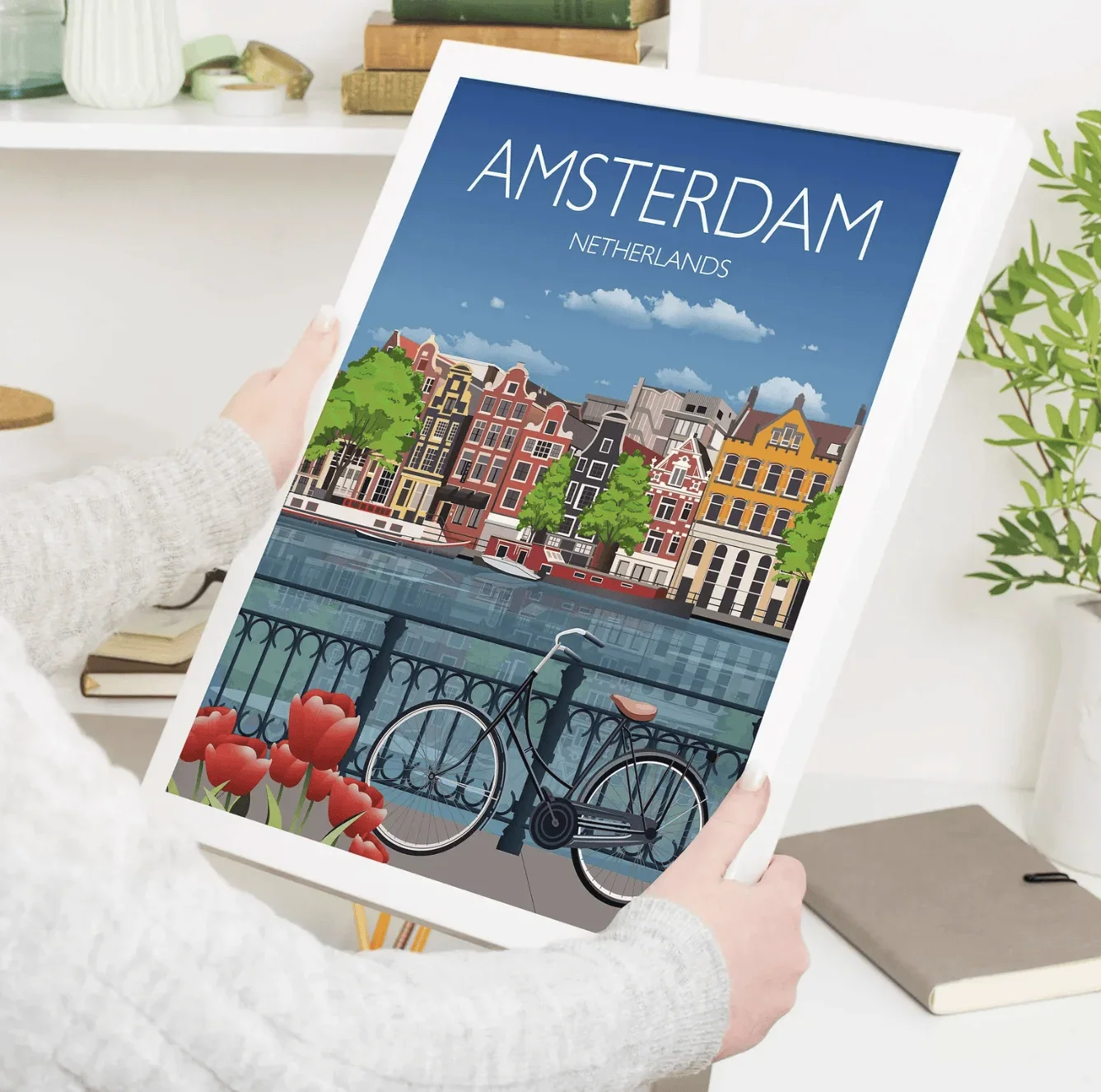 1pc frameless Canvas Painting Amsterdam Tulip Canal Bicycle Wall Art Canvas Prints Decor, Vintage Travel Poster for Bedroom Livi