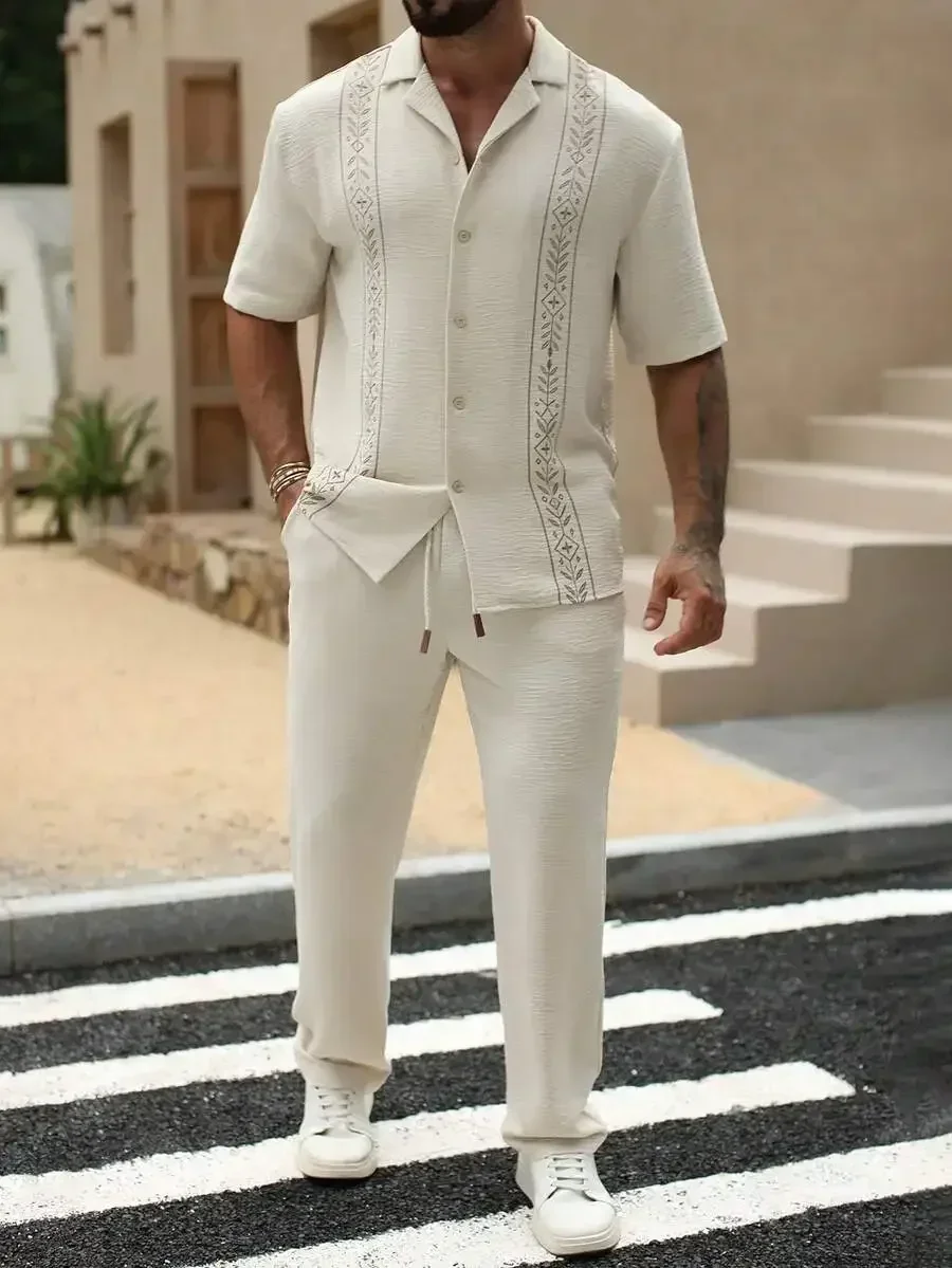 

Mens Crinkle Fabric Short Sleeve Embroidered Shirt And Drawstring Pants Set Casual Vacation Outfit