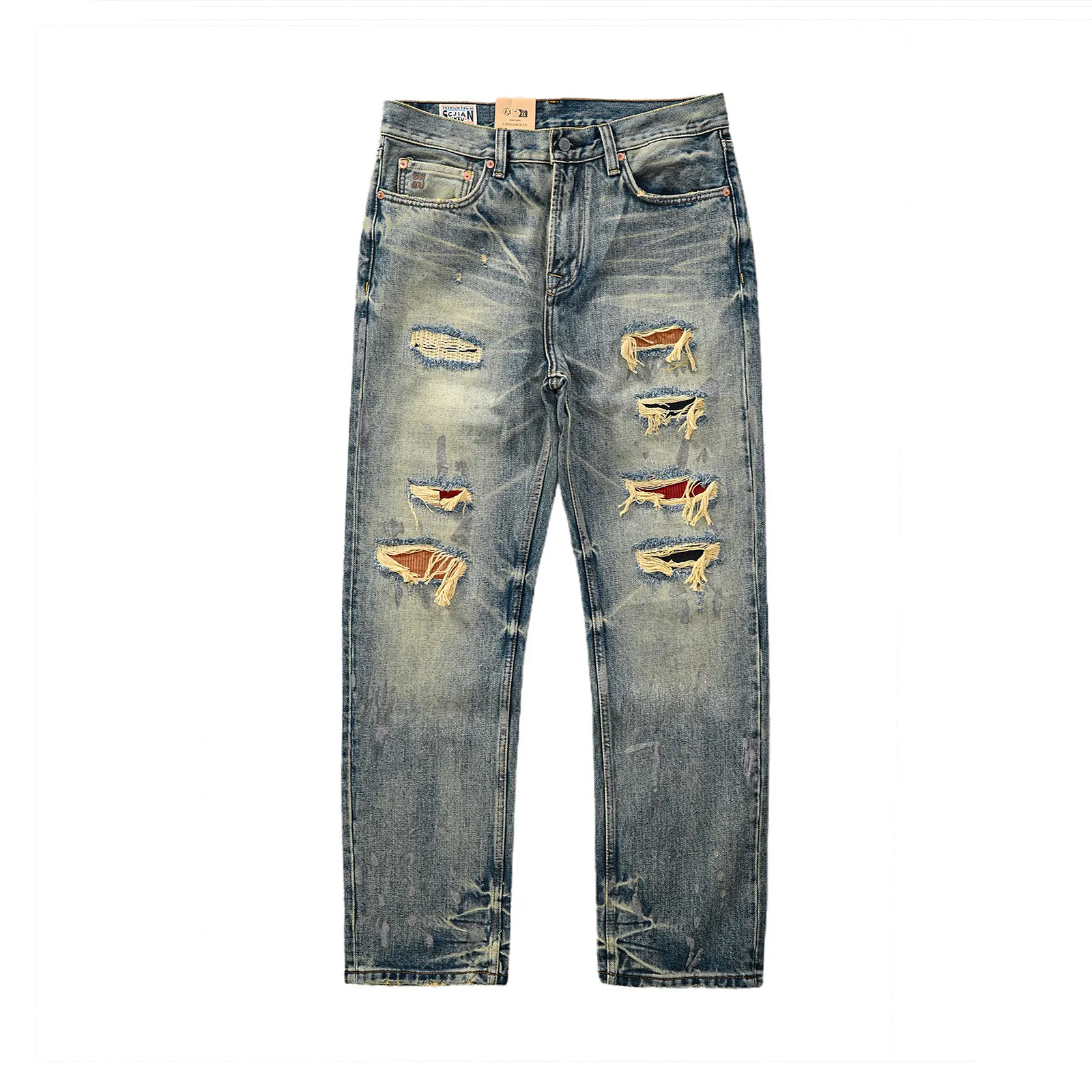 

Мужские джинсы из денима с эффектом потертости, разноцветные, в стиле пэчворк, с рваными элементами, прямого кроя, в американском ретро-стиле, легкий люкс, дерзкий стиль