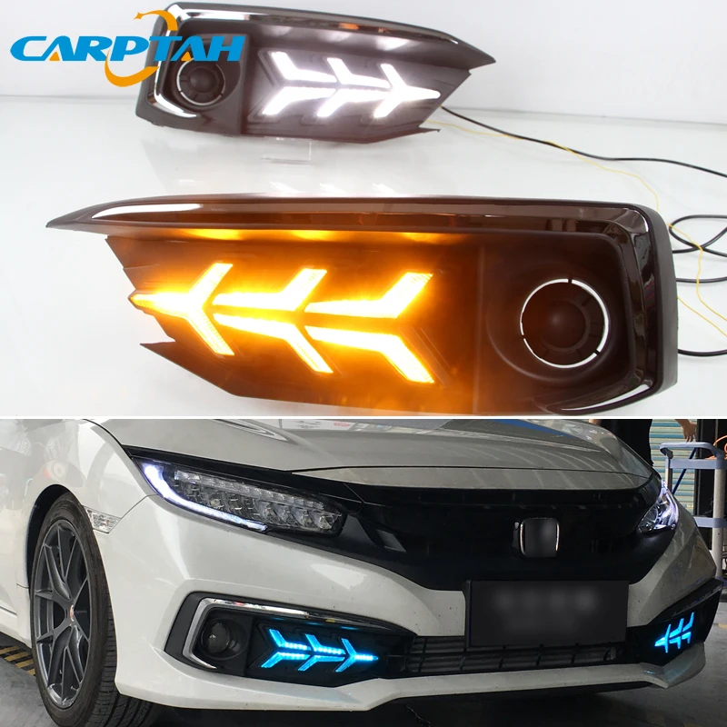 Car LED DRL 12V Daylights For Honda Civic Sedan 2019 2020 Yellow Turn Signal Daytime Running Headlamps Auto Driving Lamp Foglamp