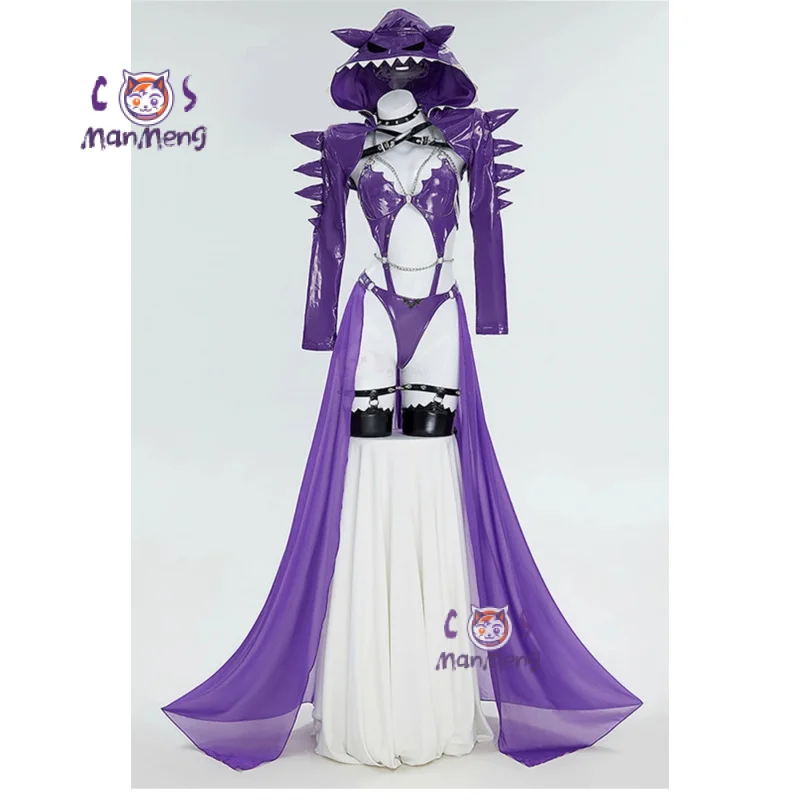 Pokemo Gengar Cosplay Ectoplasma Costume Anime Game Purple leather jumpsuit jacket necklace sock  Halloween women sexy set