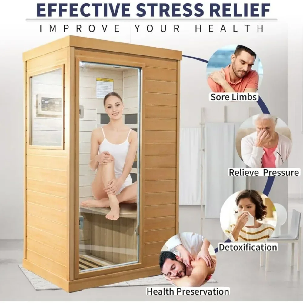 Far Infrared Sauna ,800W Low EMF Canadian Hemlock Wooden Indoor Dry Sauna, Bluetooth Speaker, Christmas Gift for Family Friends