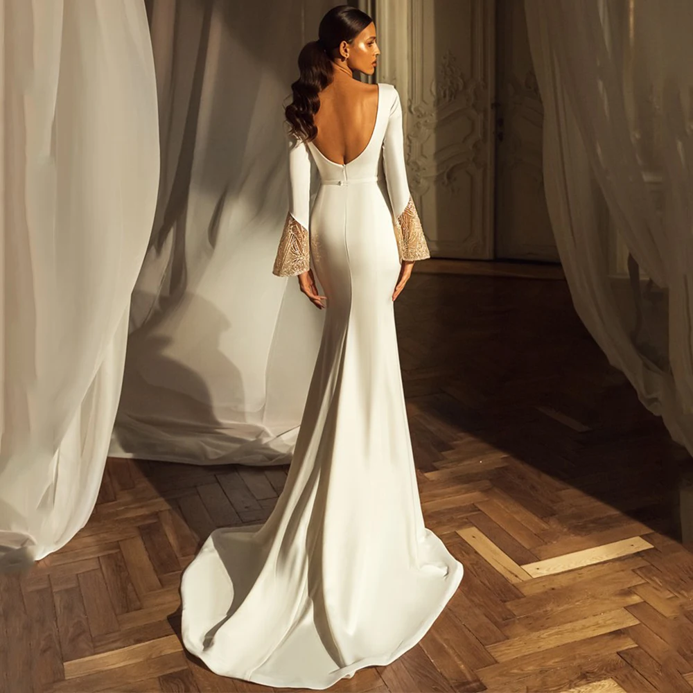 Vestido de novia de moda empalmado juntos acampanado manga larga cuello redondo Sexy espalda abierta con cinturón vestidos de boda nupciales personalizados