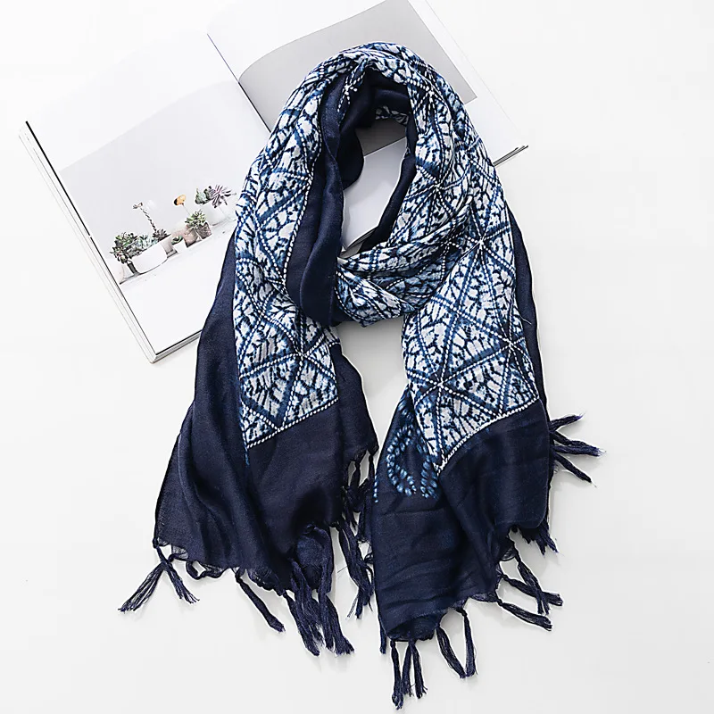 Batik Dye Women Foulard Navy Blue Scarf Muslim Winter Warm Bandana Long Shawl Tassel Ethnic Style 100*185cm