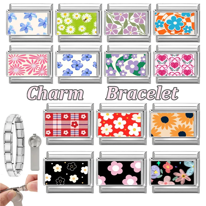 New Creative Flowers Series Cherry Heart Tulip Italian Charm Links Fit 9mm Stainless Steel Bracelet Women Men DIY Making Gift