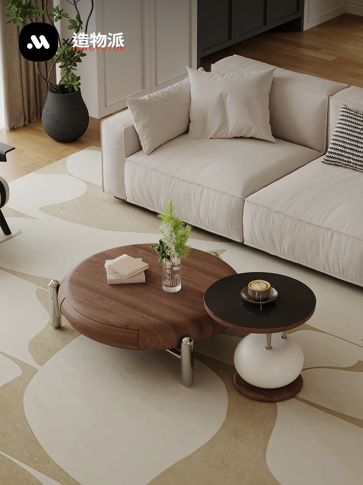 Medieval Style Designer Black Walnut Coffee Table Light Luxury High-end Living Room Round Coffee Table Combination